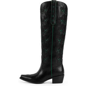 Women's Black\Green Western Knee High Cowgirl Boots Pointed Toe Chunky Heel